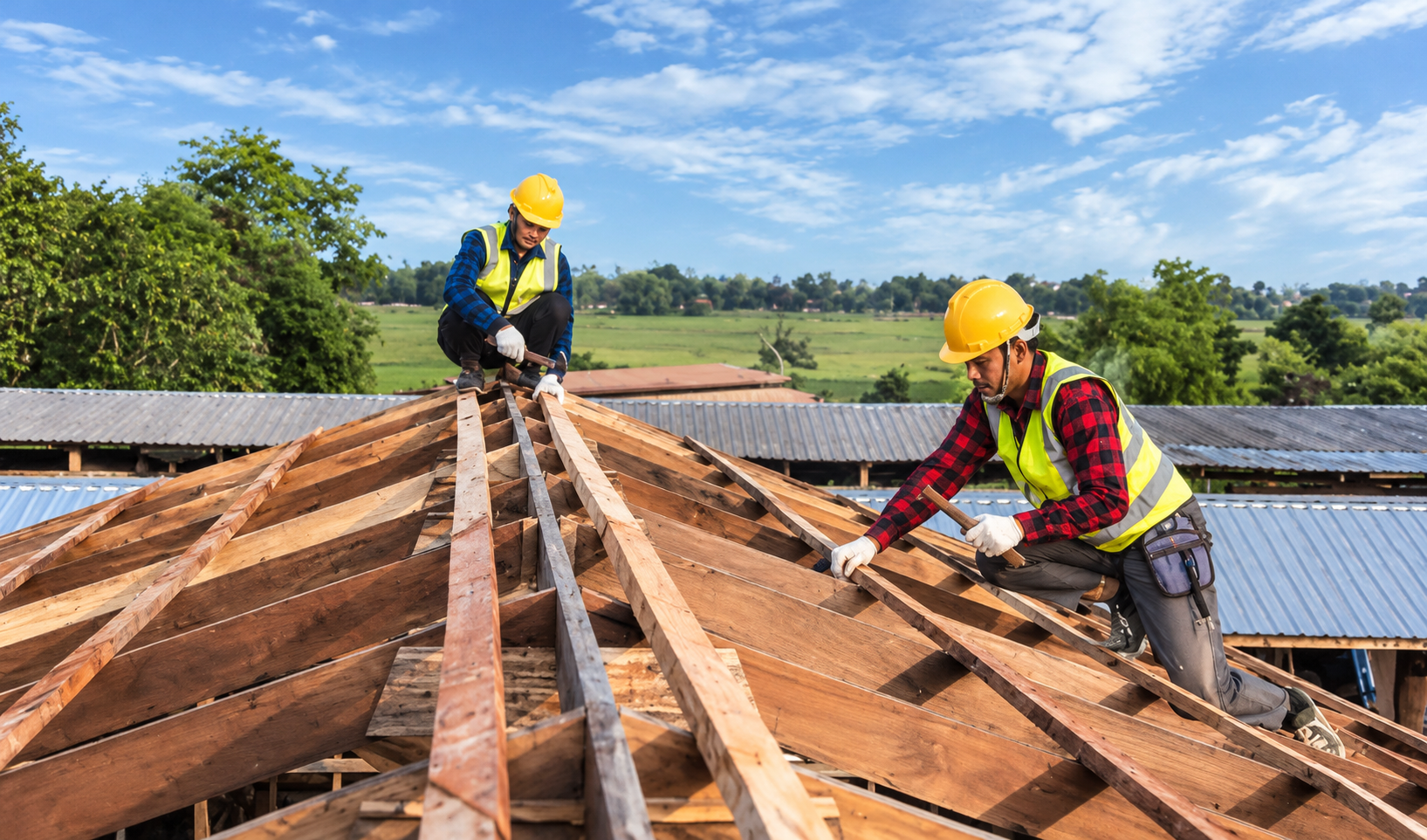 Roofers building a timber roof structure